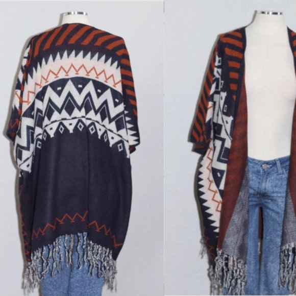 Blue & Orange Wool Tribal Fringe Shawl - Picture 14 of 15